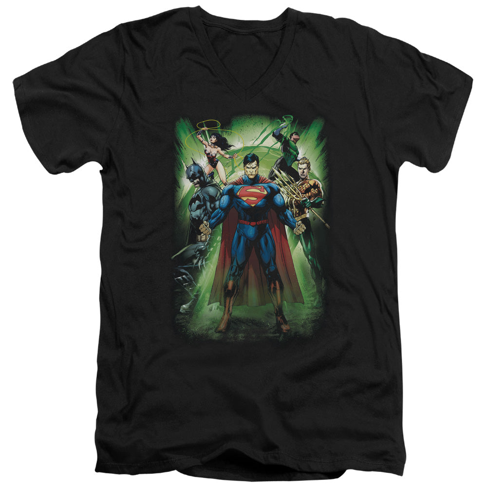 Justice League Power Burst Mens Slim Fit V-Neck T Shirt Black Officially Licensed