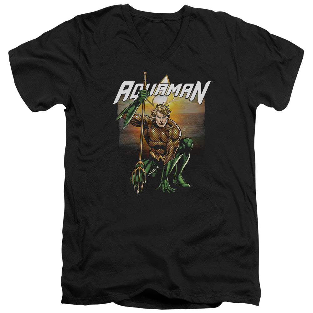 Justice League Beach Sunset Mens Slim Fit V-Neck T Shirt Black Officially Licensed