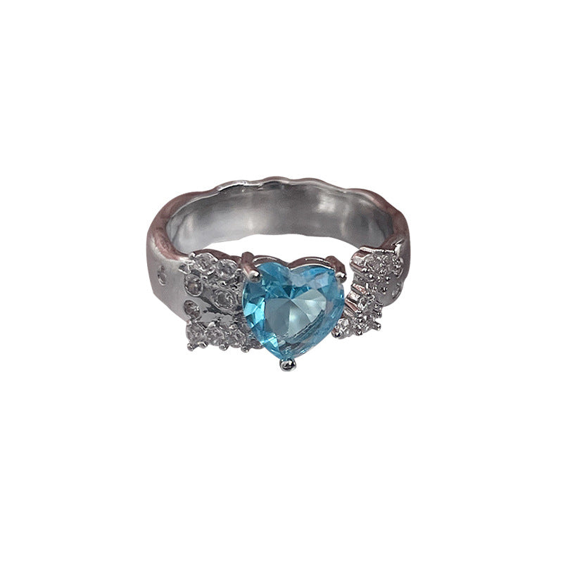Blue Heart-shaped Zircon Water Drop Open Ring