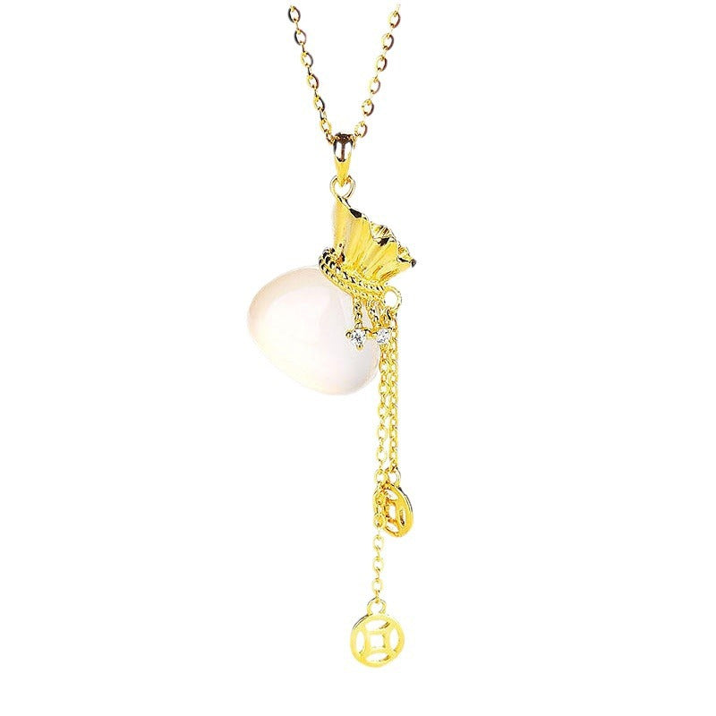 925 Silver Necklace with White Chalcedony Lucky Bag Pendant