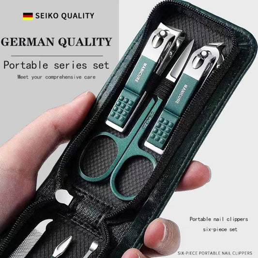 Portable nail clippers set with SEIKO quality branding on a gray background