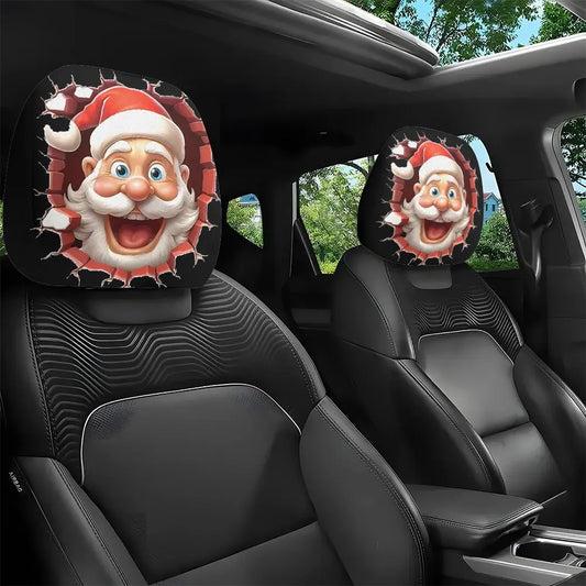 2-piece Christmas gift set, funny and quirky Santa Claus car headrest cover, car interior decoration, anti-oil and anti-stain
