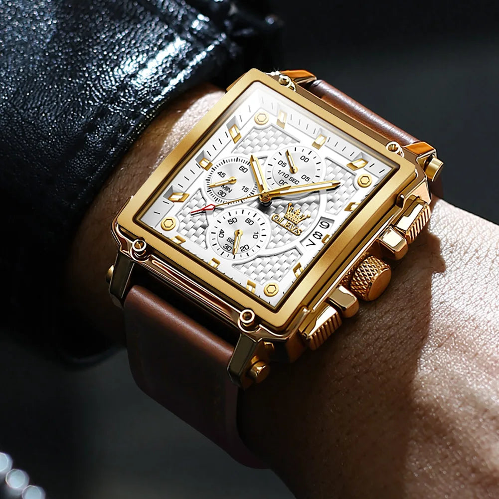 OLEVS Golden Square Quartz Watch — Waterproof Leather Strap, Luminous Date Display, Large Dial Men’s Luxury Timepiece 9925