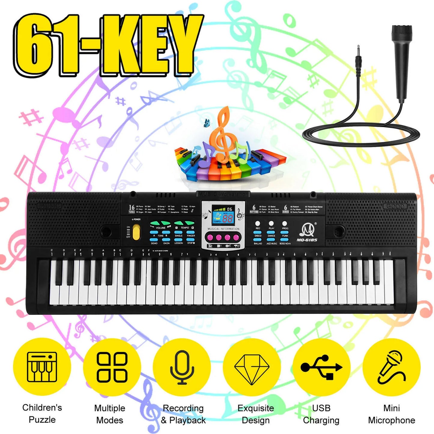 61 Keys Digital Music Electronic Keyboard Multifunctional Electric Piano for Piano with Microphone Function Musical Instrument - THOOBO!