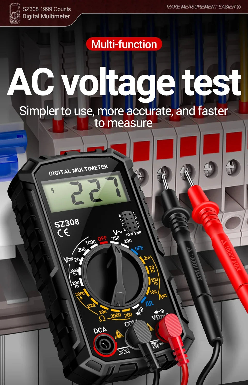 SZ308 Digital Voltage Commander – 1999 Count Multimeter with HFE, Triode Test, and Square Wave Generator