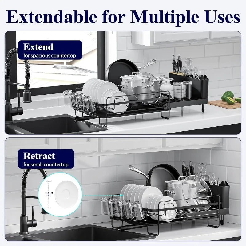 THOOBO! Expandable Anti-Rust Kitchen Dish Rack – Sleek Countertop Drying Rack w/Drainboard, Cutlery & Cup Holders, 19.2"-26.7" Adjustable