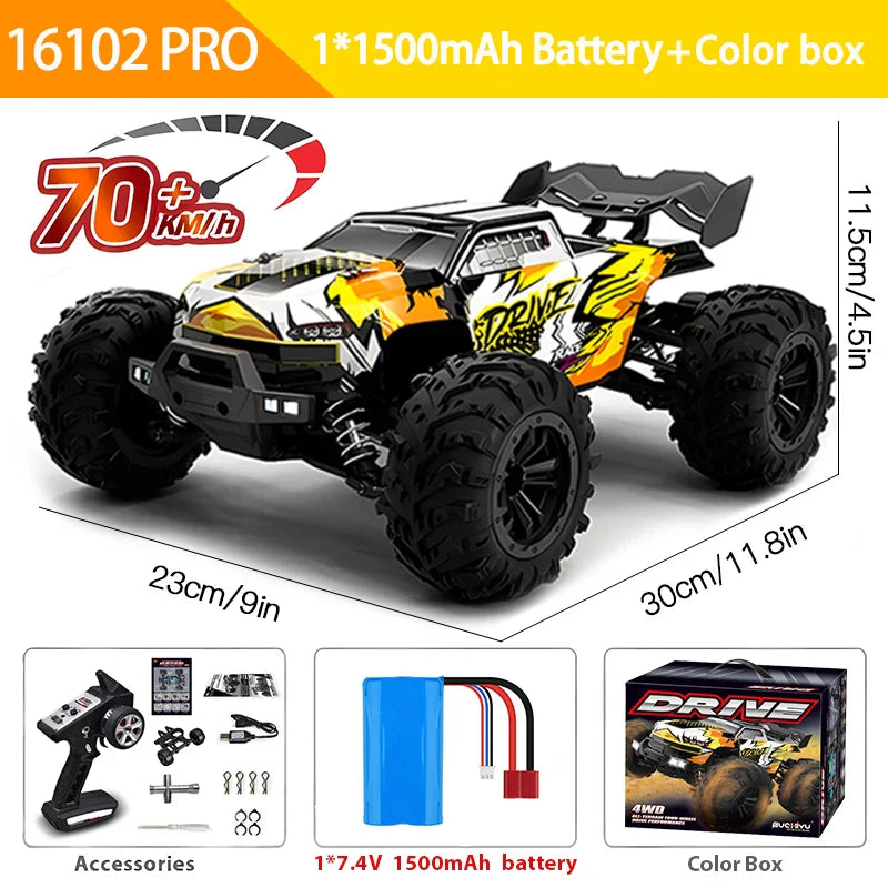 16103PRO 2.4GHz RC Car 70KM/H: Brushless 1:16 4WD Off-Road Vehicle with LED
