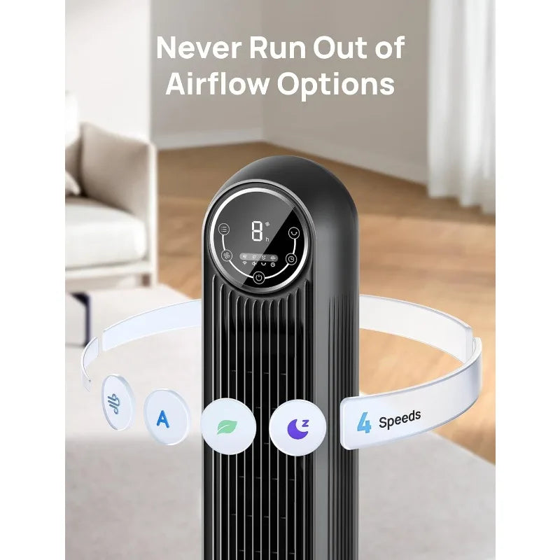 Dreo Tower Fan for Bedroom, 25ft/s Velocity 28dB Quiet Floor Fan, 90° Oscillating Fans for Indoors with 4 Speeds, 4 Modes