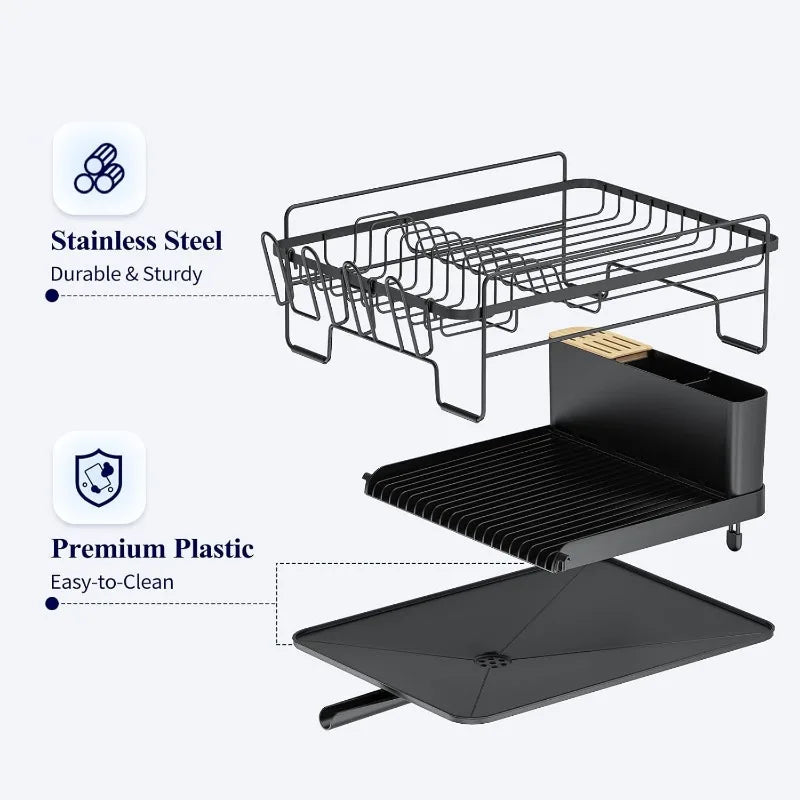 THOOBO! Expandable Anti-Rust Kitchen Dish Rack – Sleek Countertop Drying Rack w/Drainboard, Cutlery & Cup Holders, 19.2"-26.7" Adjustable