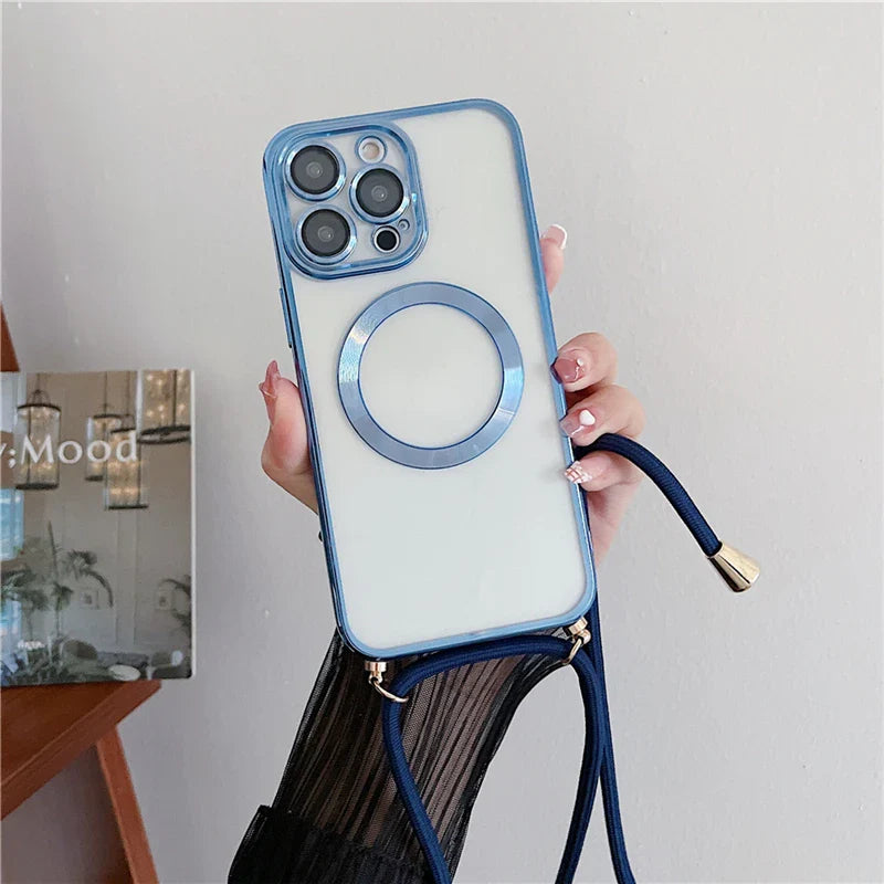 Plating Clear Magnetic For Magsafe Wireless Charging Cases For iPhone 16 15 14 17 12 13 Pro Max Crossbody Lanyard Necklace Cover