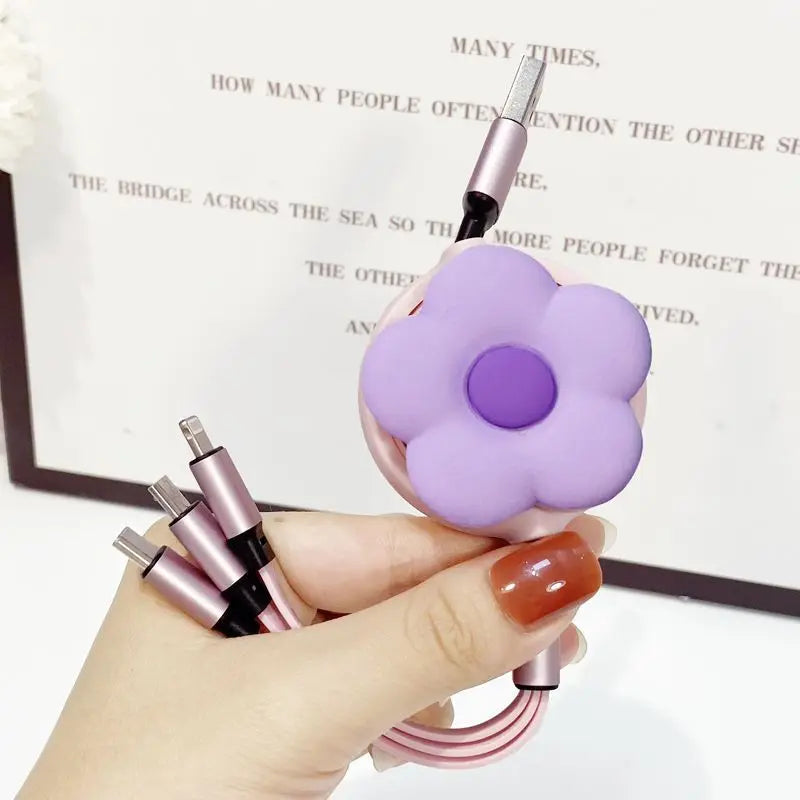 MINISO Cute flowers Retractable Fast Charging Cable Phone Interface For iphone Android TYPE-C 3-in-1 mobile phone data cable