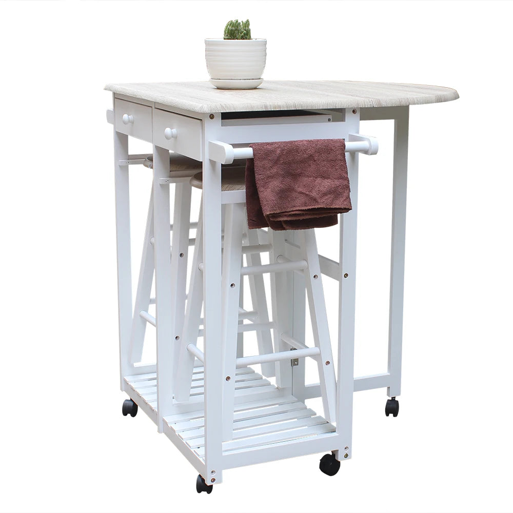 White Haven Foldable Dining Cart Set — Space-Saving Semicircle Kitchen Island with Wooden Handle & Round Stools