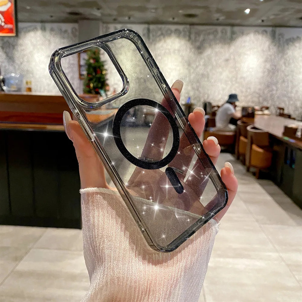 Magnetic Case for iPhone 16 16E 15 14 13 12 Pro Max Plus Cover Shimmering Starry Clear Shockproof Mag-safe Shell Phone Fundas