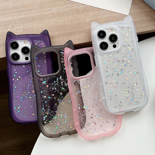 Cute Cartoon Cat Ear Glitter Sequins Transparent Case For iPhone 16 15 Plus 14 Pro Max 13 12 11 Soft Silicone Shockproof Cover