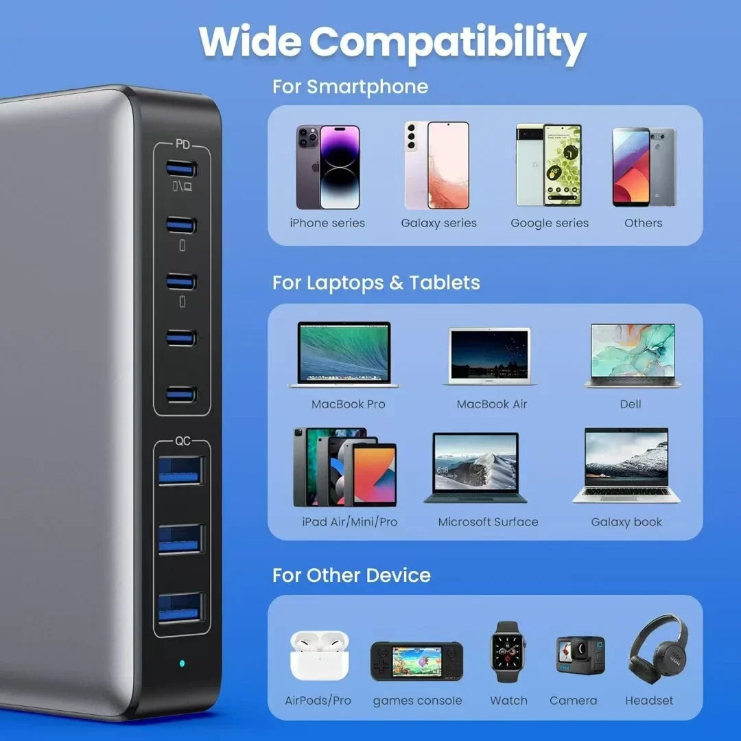 New 300W 8-port fast charging station type-c charger Multi-port USB mobile phone charger Convenient charger Home Office Travel
