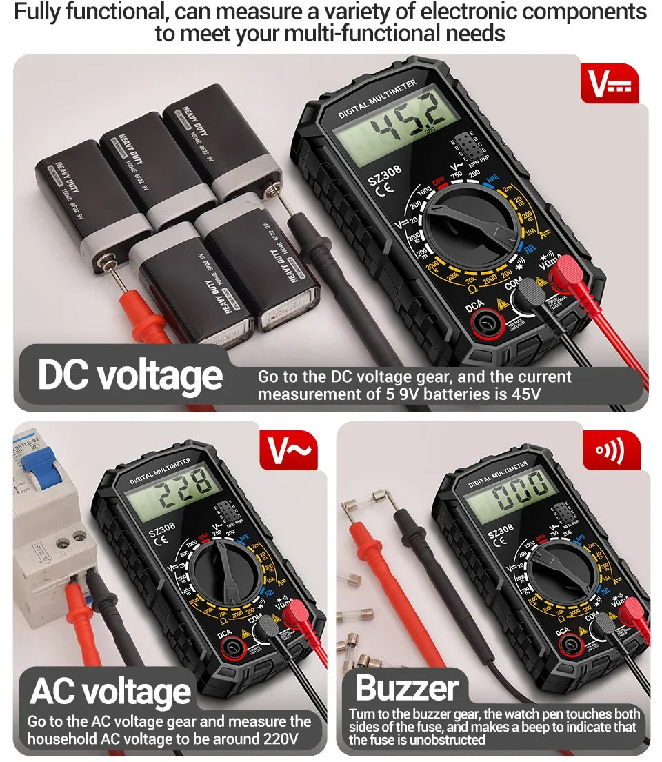 SZ308 Digital Voltage Commander – 1999 Count Multimeter with HFE, Triode Test, and Square Wave Generator