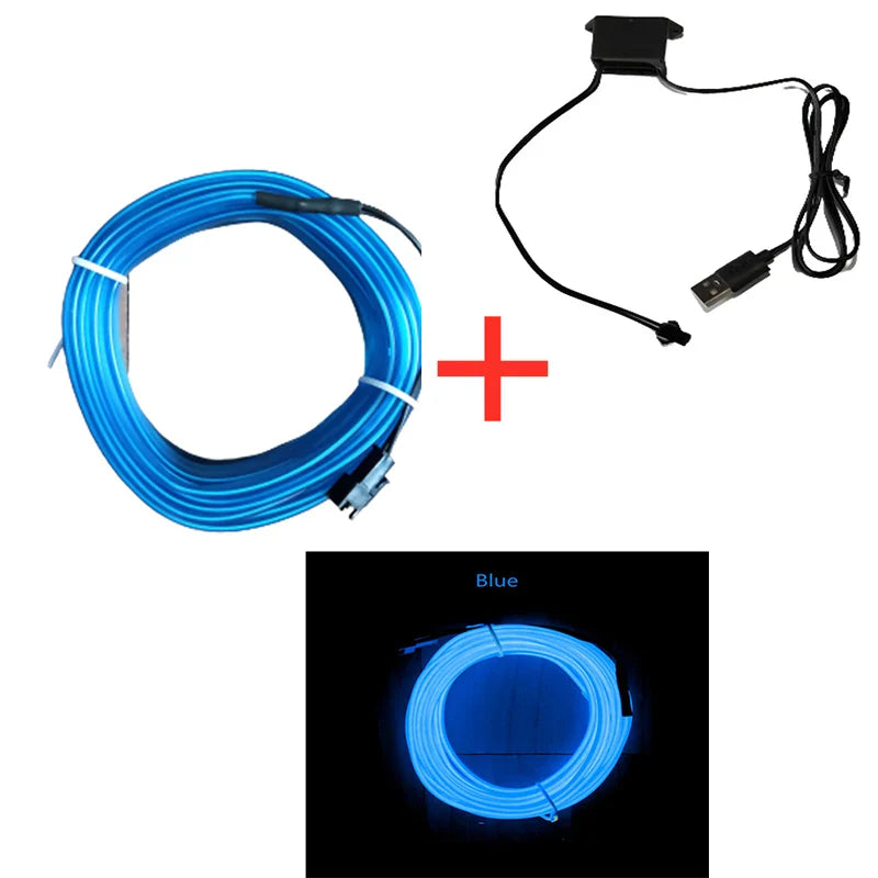 5m Car Interior Atmosphere Lighting LED Strip 5V DIY Flexible EL Cold Light Line Tube With USB Auto Decoration Ambient Lamp