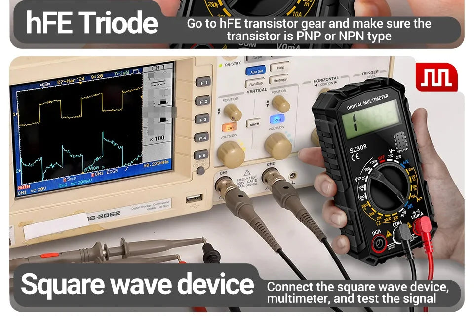 SZ308 Digital Voltage Commander – 1999 Count Multimeter with HFE, Triode Test, and Square Wave Generator