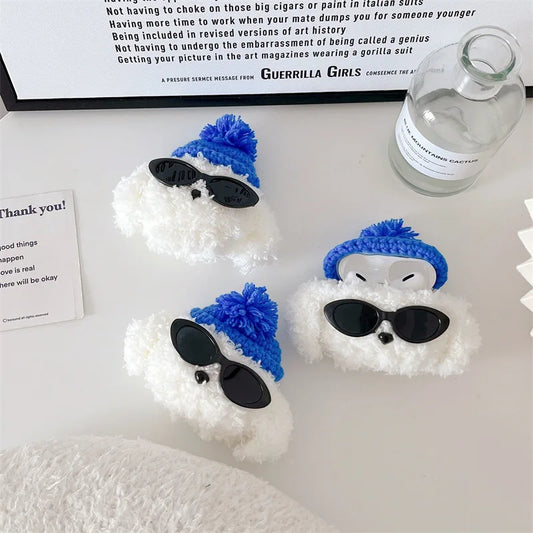Cute Fur Sunglasses Dog Cover For Airpods Pro 2 Case Plush Wireless Earphone Bluetooth Protective Case For Airpods 4 3 2 1