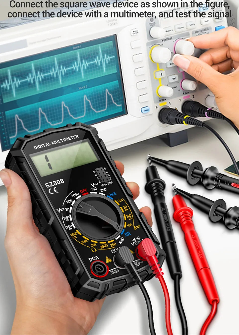 SZ308 Digital Voltage Commander – 1999 Count Multimeter with HFE, Triode Test, and Square Wave Generator