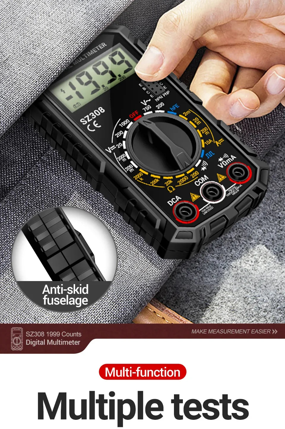 SZ308 Digital Voltage Commander – 1999 Count Multimeter with HFE, Triode Test, and Square Wave Generator