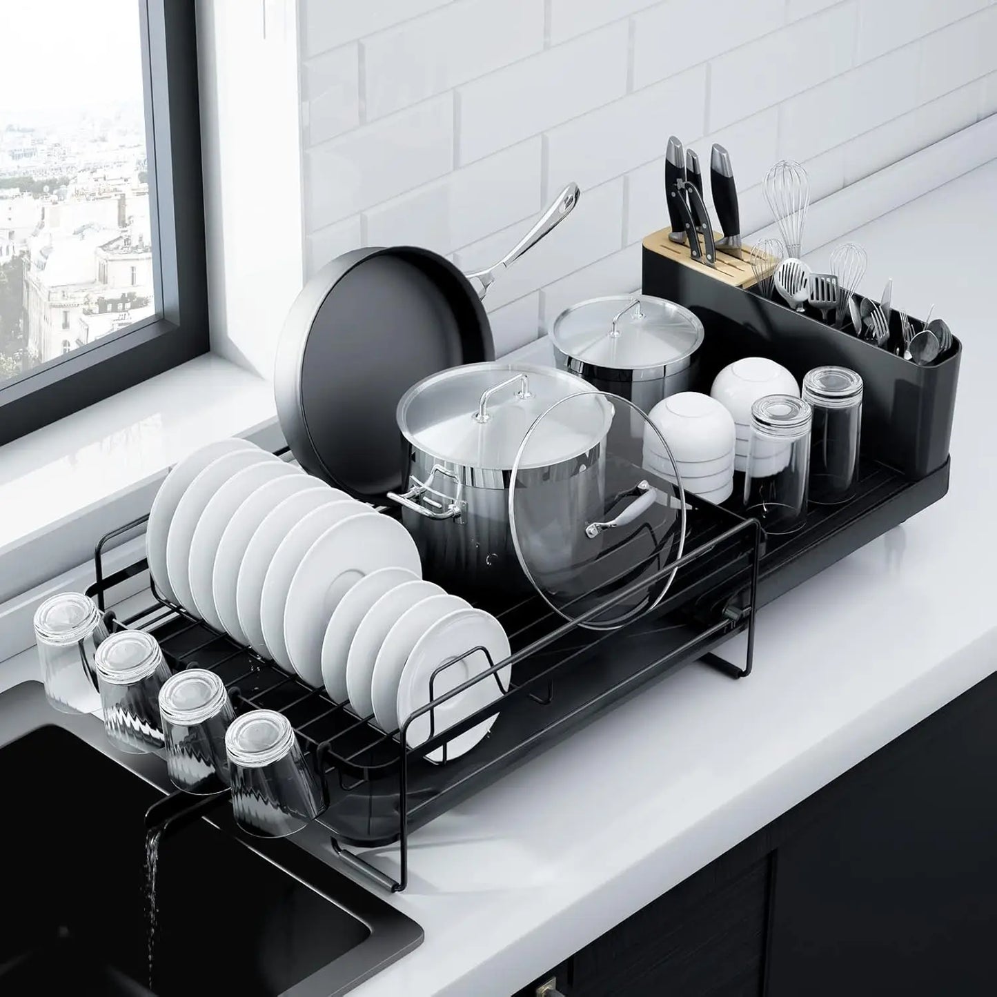 THOOBO! Expandable Anti-Rust Kitchen Dish Rack – Sleek Countertop Drying Rack w/Drainboard, Cutlery & Cup Holders, 19.2"-26.7" Adjustable