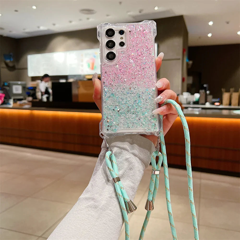 Glitter Gradient Crossbody Case for Samsung Galaxy S24 Ultra S22 S23 Plus A55 A54 A34 A14 A15 A53 Lanyard Necklace Bumper Cover