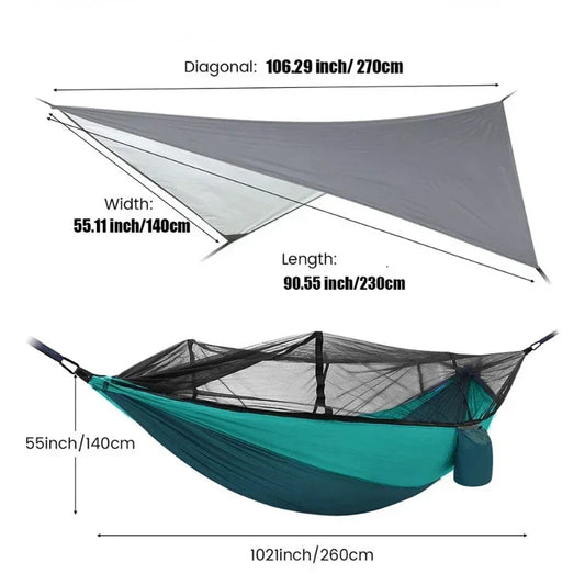 AdventureNest 2-Person Camping Hammock Set – 260x140cm Parachute Hammock with Mosquito Net & Rain Fly Tarp – Ultralight Outdoor Hammock for Travel, Hiking, Backpacking - THOOBO!