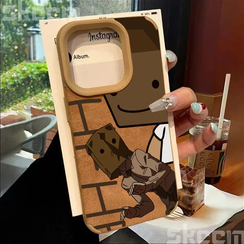 Cartoon Box Man Pattern Leather Phone Case For iPhone 16 15 14 13 12 11 Pro Max XS X XR 15 Plus Luxury Shockproof Back Cover