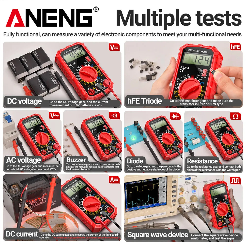 SZ308 Digital Voltage Commander – 1999 Count Multimeter with HFE, Triode Test, and Square Wave Generator