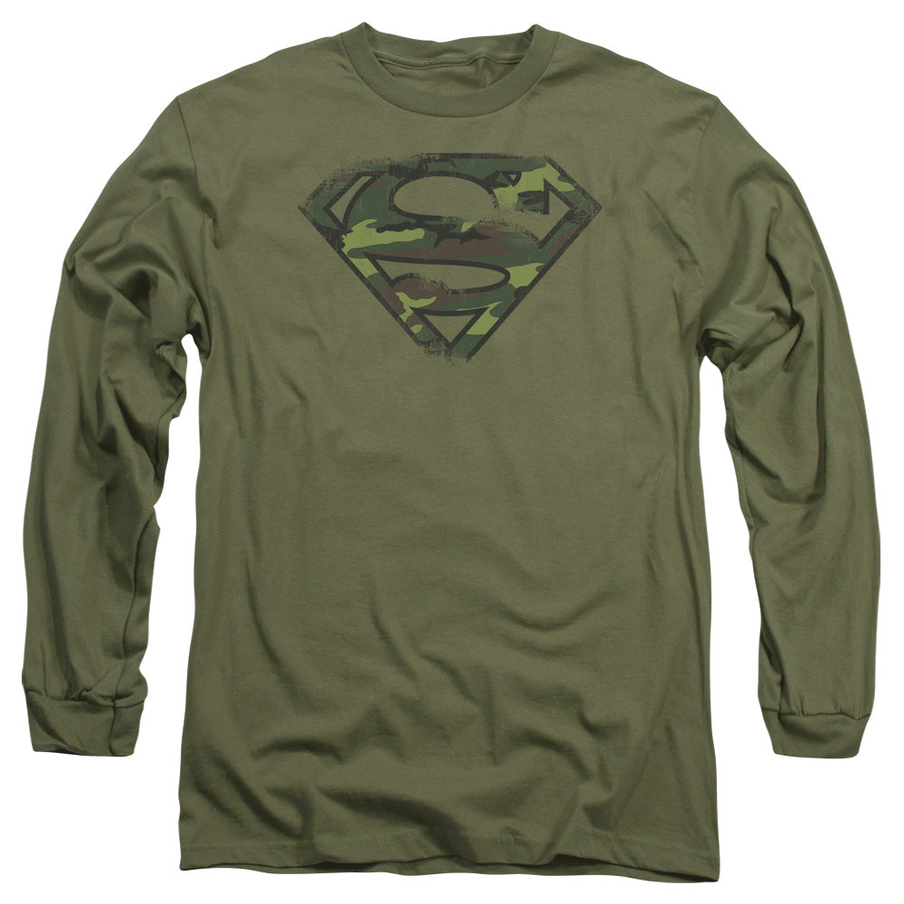 Superman Distressed Camo Shield Mens Long Sleeve Shirt Military Green Officially Licensed