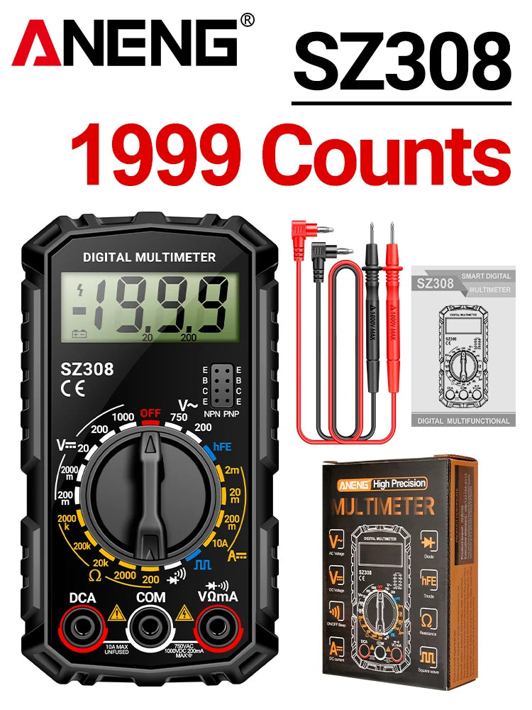 SZ308 Digital Voltage Commander – 1999 Count Multimeter with HFE, Triode Test, and Square Wave Generator