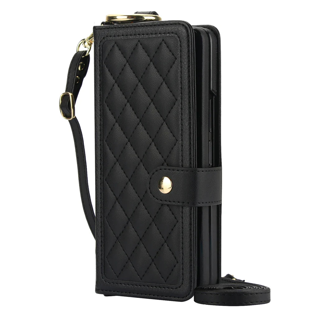 Luxury Crossbody Lanyard Leather Wallet Card Case for Samsung Galaxy Z Fold 7 6 5 4 3 Fold6 5G Wrist Rope Flip Stand Cover Coque