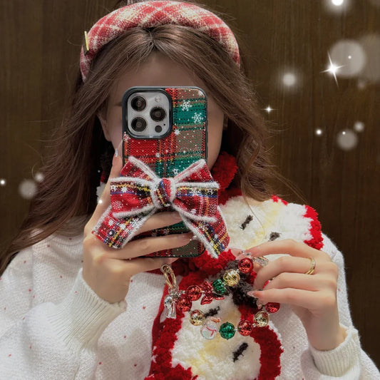 3D knitted Christmas Bowknot Plaid Pattern Cartoon Cute With Bracelet Phone Case For iPhone 15 14 13 16 Pro Max Bumper Cover