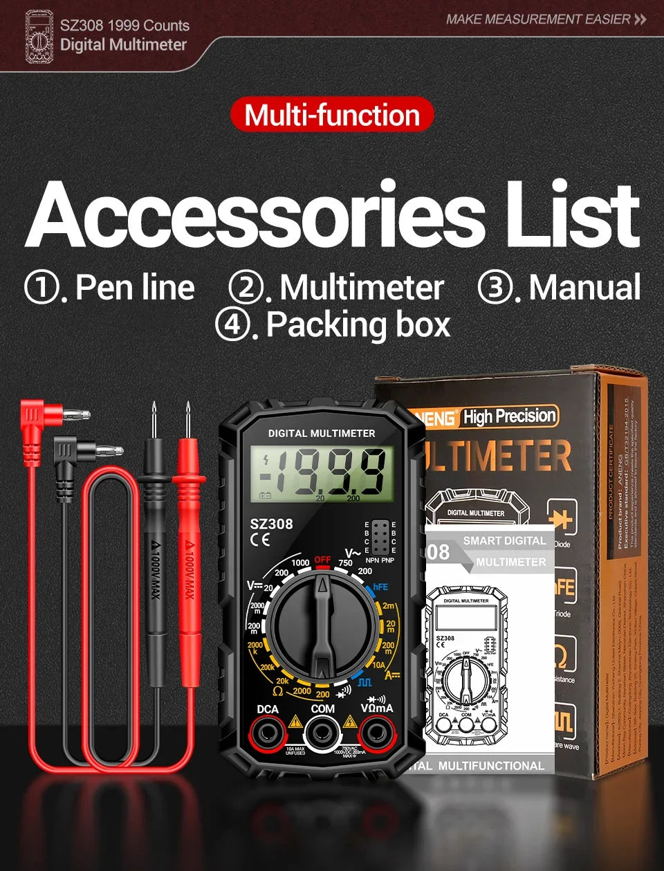 SZ308 Digital Voltage Commander – 1999 Count Multimeter with HFE, Triode Test, and Square Wave Generator