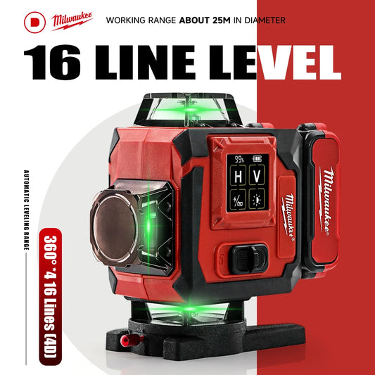 Milwaukee 4D Green Beam Laser Level – 16-Line Pro Touch-Screen Self-Leveling Tool w/ 6000mAh Battery & Rotating Base