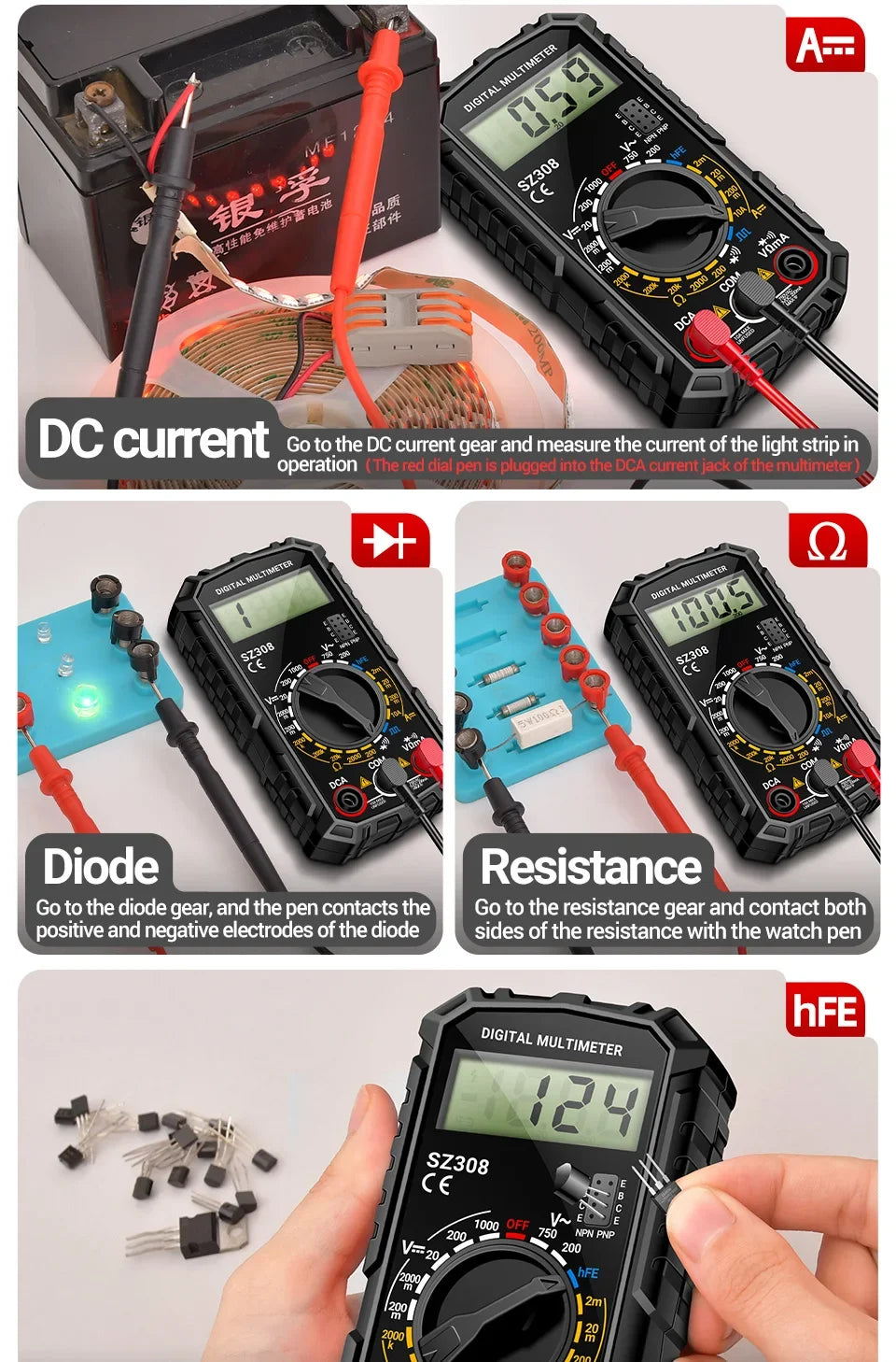 SZ308 Digital Voltage Commander – 1999 Count Multimeter with HFE, Triode Test, and Square Wave Generator