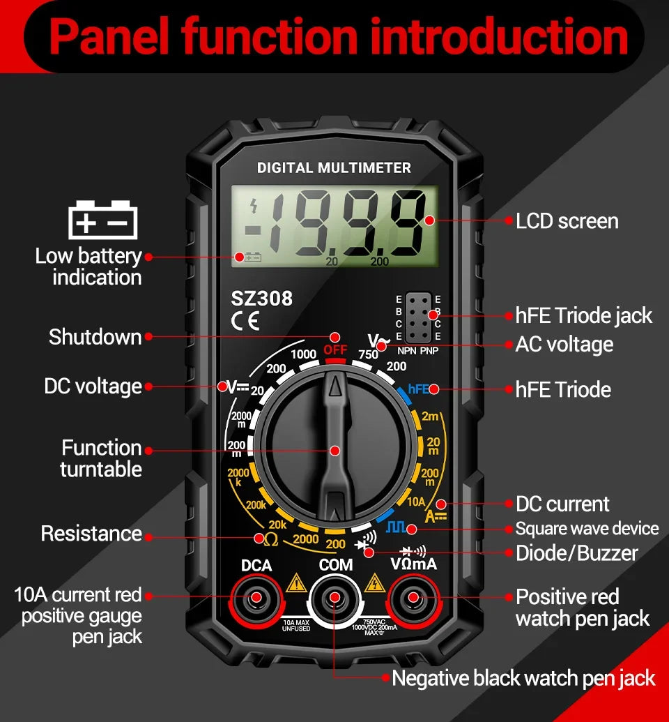 SZ308 Digital Voltage Commander – 1999 Count Multimeter with HFE, Triode Test, and Square Wave Generator