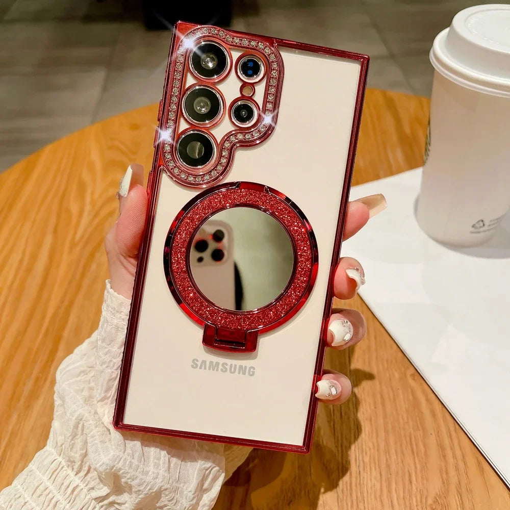 Luxury Glitter Mirror for Magsafe Case for Samsung Galaxy S24 Ultra S23 S22 Plus Bracket Stand Diamond Plating Transparent Cover