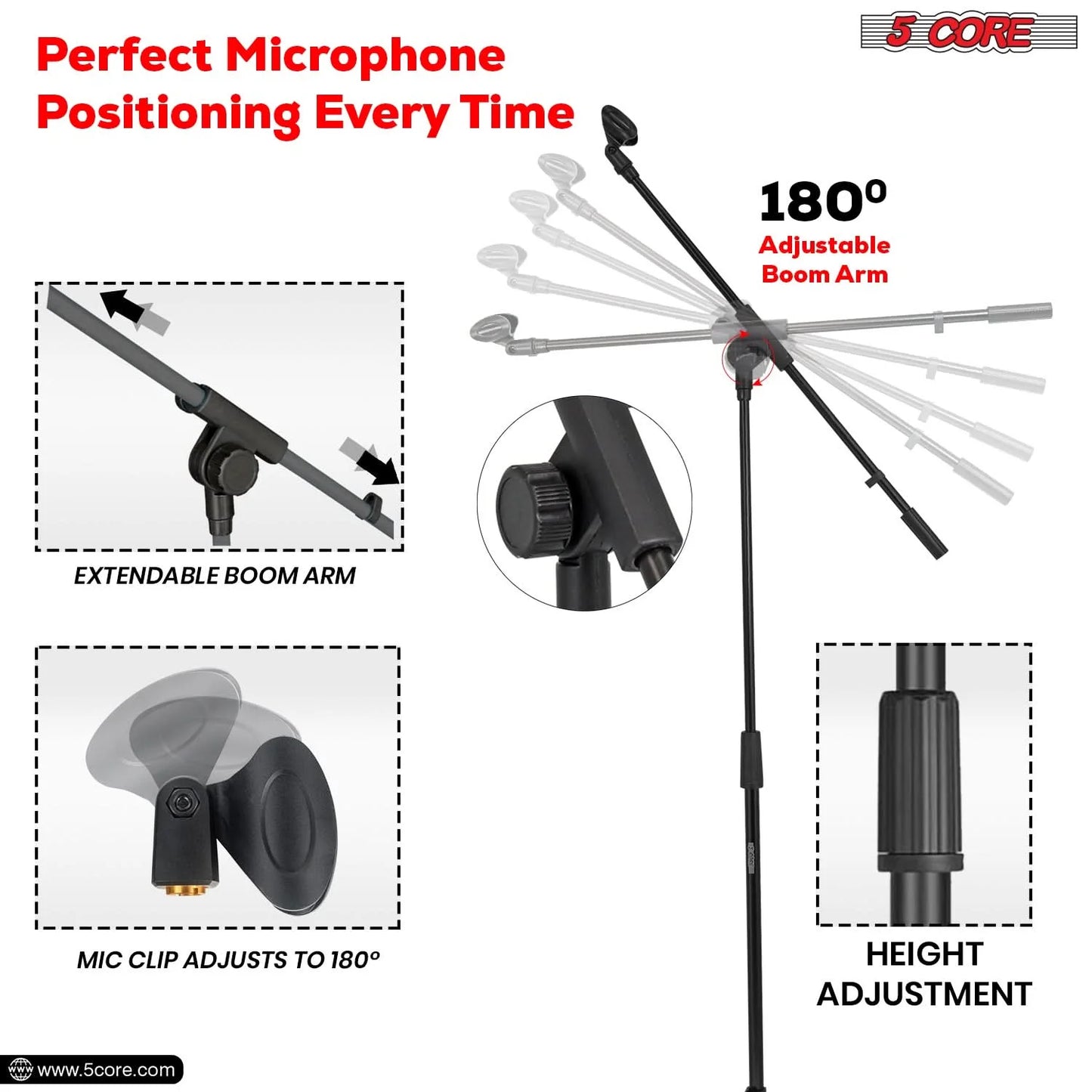 5 Core Adjustable Tripod Mic Stand with Boom Arm – 4 Pack | 18-72” Floor Microphone Holder for Stage, Studio & Podcasting