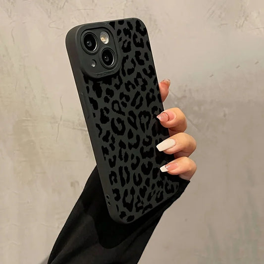Black Leopard Print Phone Case For iPhone 14 13 11 15 Pro Max 12 Mini XS XR X 8 7 Plus SE 2022 14Pro 13Pro Matte Soft Cov