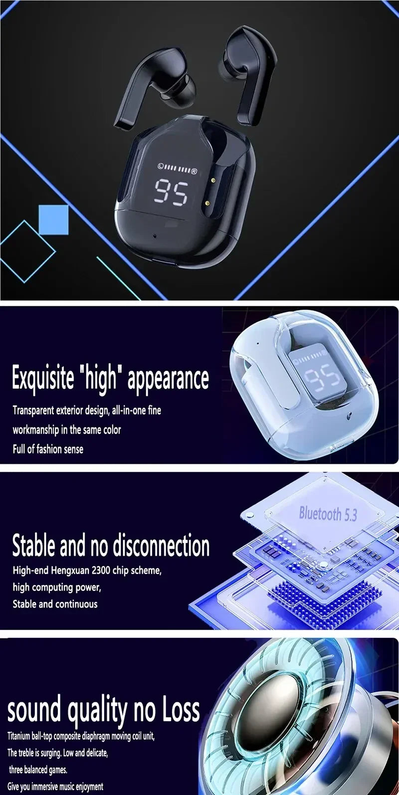 Original T2 Transparent Wireless Bluetooth Earphones with LED Power Display – HiFi Stereo Sound & Built-in Mic for Xiaomi and More - THOOBO!
