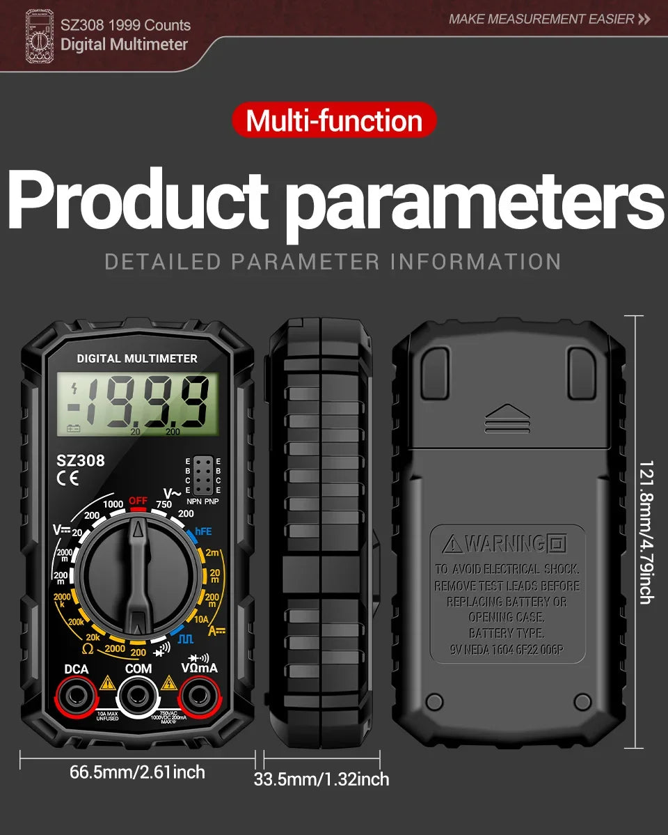 SZ308 Digital Voltage Commander – 1999 Count Multimeter with HFE, Triode Test, and Square Wave Generator