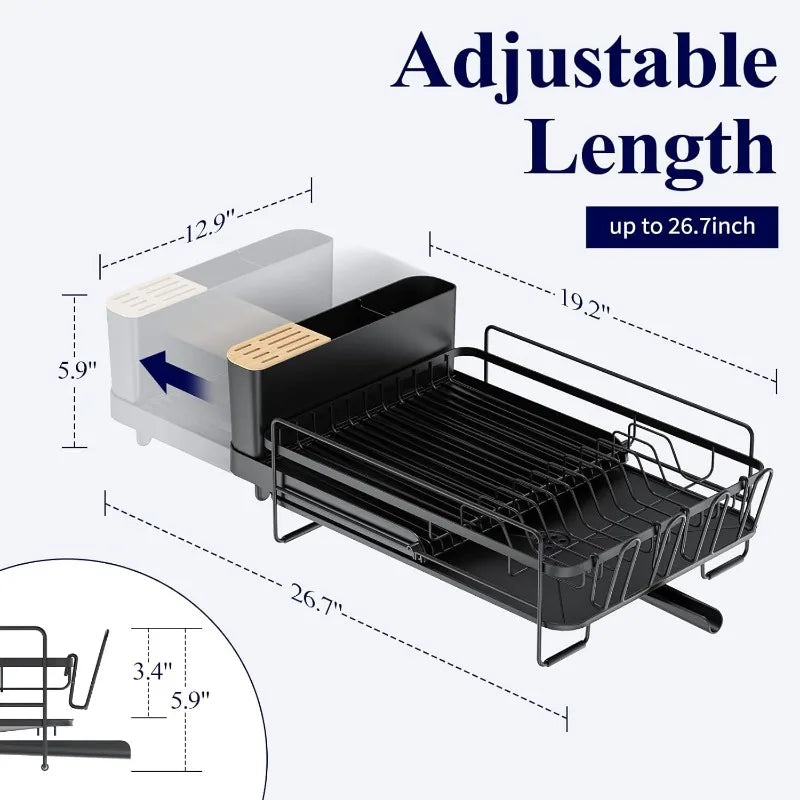 THOOBO! Expandable Anti-Rust Kitchen Dish Rack – Sleek Countertop Drying Rack w/Drainboard, Cutlery & Cup Holders, 19.2"-26.7" Adjustable