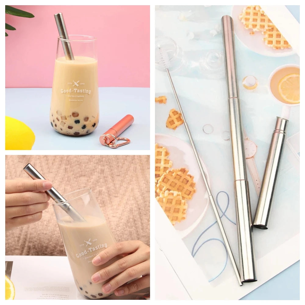 Sip Happens Stainless Steel Telescopic Straw Set – Collapsible, Portable, Eco-Friendly with Cleaning Brush & Travel Case