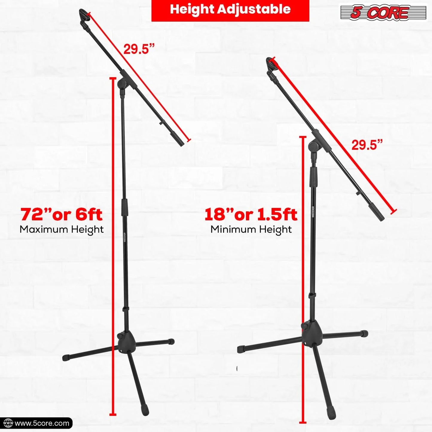 5 Core Adjustable Tripod Mic Stand with Boom Arm – 4 Pack | 18-72” Floor Microphone Holder for Stage, Studio & Podcasting