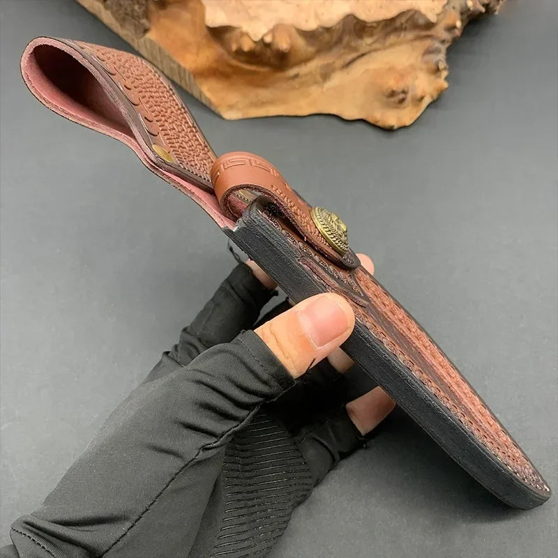 Ironhide EdgeGuard Leather Knife Sheath — Handcrafted Cowhide Belt Sheath with Buckle Pocket for Everyday Carry