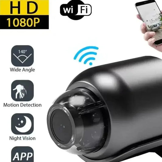 Security camera with HD 1080P, Wi-Fi, wide angle, motion detection, night vision, and app features.