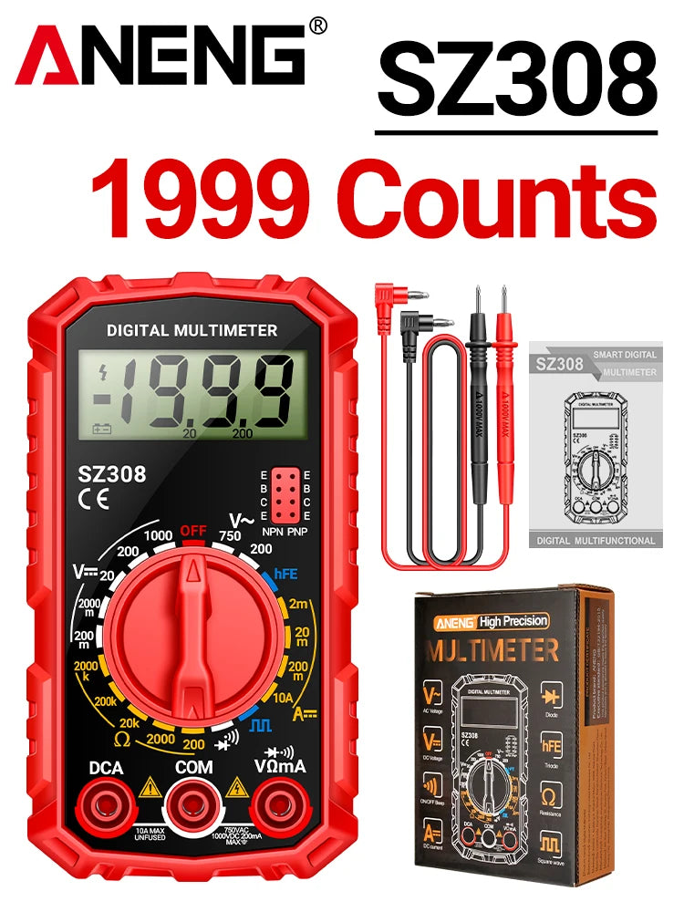 SZ308 Digital Voltage Commander – 1999 Count Multimeter with HFE, Triode Test, and Square Wave Generator