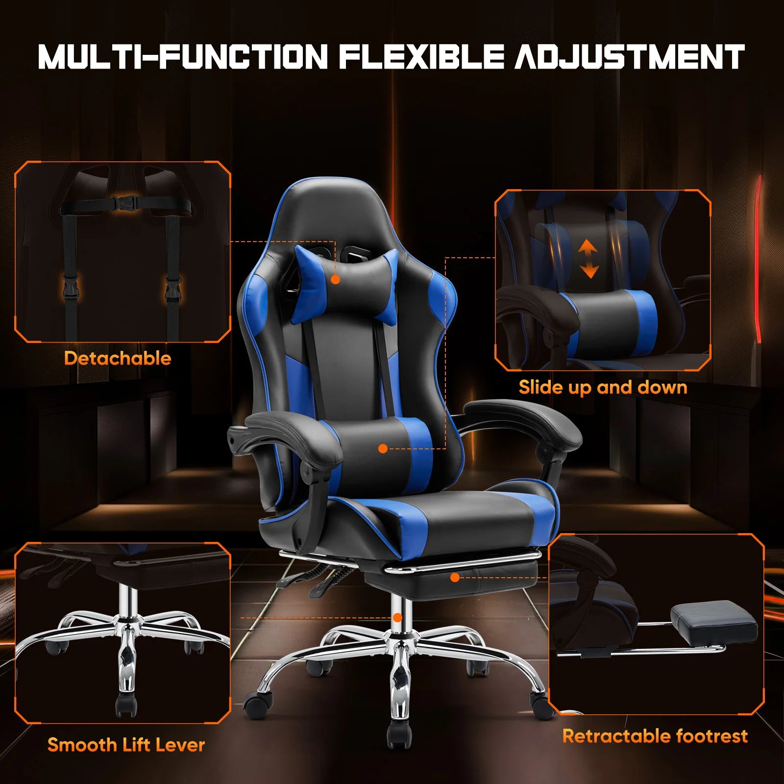 TurboFlex Racing Chair – Adjustable Swivel PU Leather Gaming & Office Throne with Headrest & Lumbar Support - THOOBO!